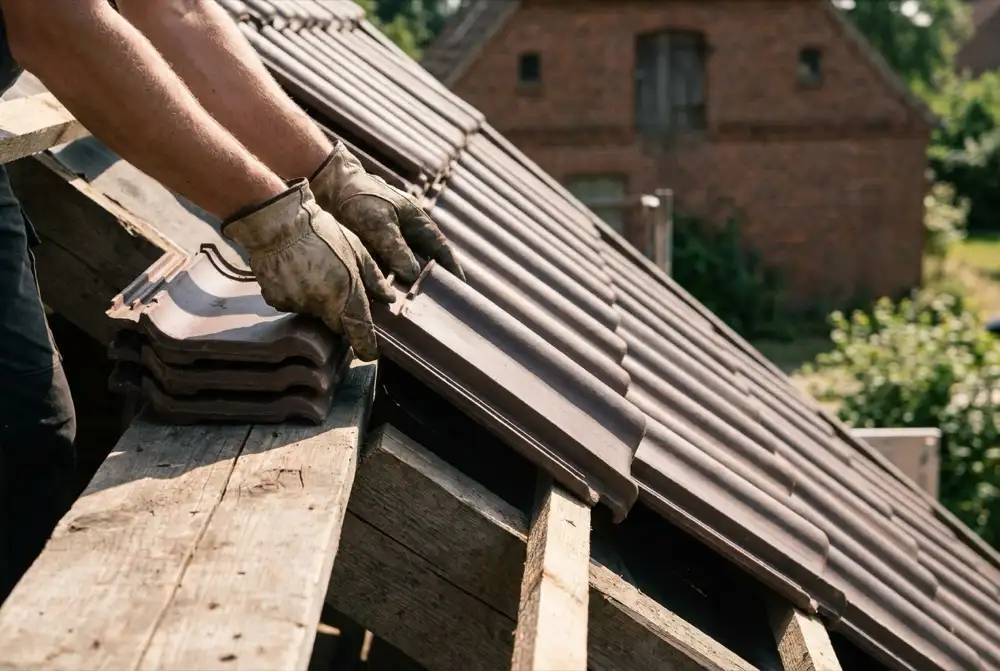 Dachdecker legt in Arbeitshandschuhen einen dunklen Tonziegel in die Lattung ein