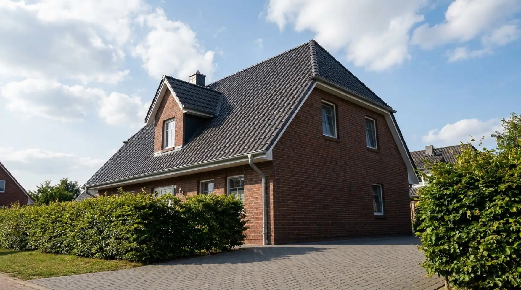 Klinkerhaus mit neu gedecktem dunklem Ziegeldach und Gaube vor blauem Himmel mit Schönwetterwolken