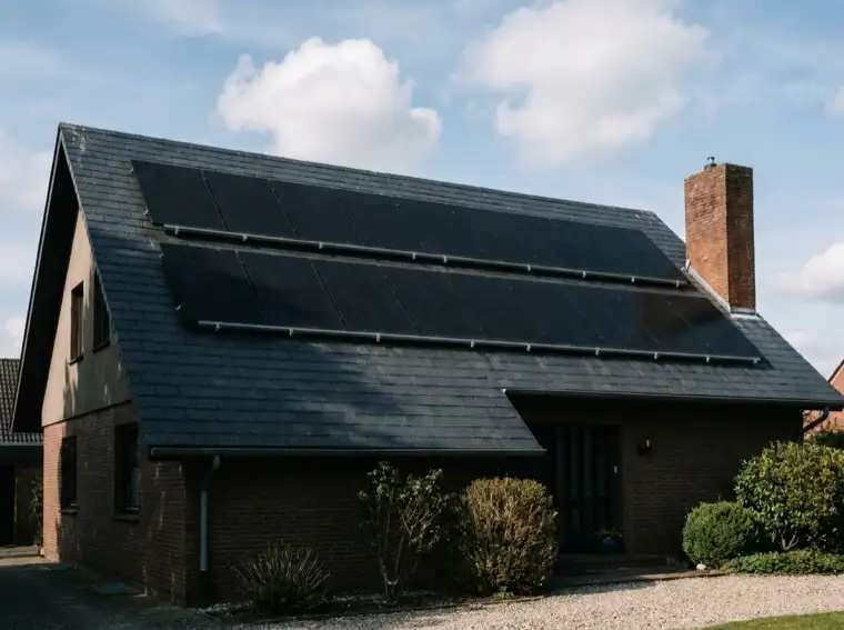 Schwarze Photovoltaikmodule in zwei Reihen auf einem dunklen Ziegeldach