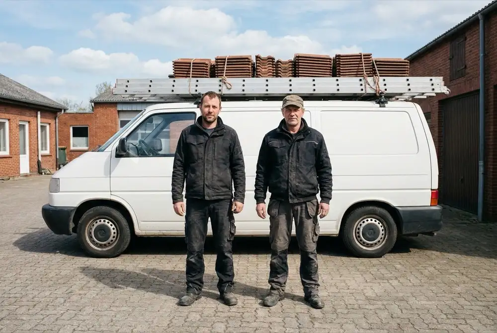 Zwei Dachdecker in Arbeitskleidung vor dem beladenen Firmentransporter auf dem Betriebshof