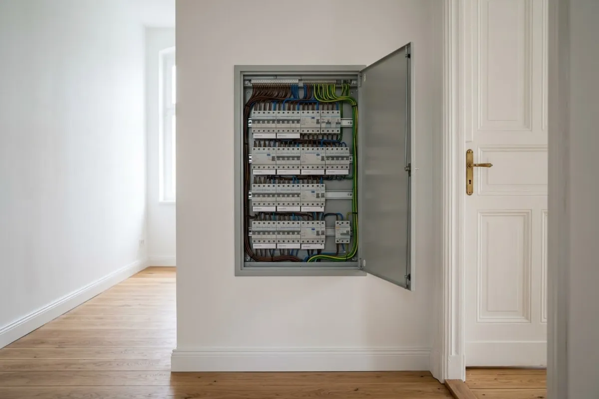 Neu verdrahteter Sicherungskasten in einem Altbau, Leitungen sauber gebündelt, Beschriftung an jedem Automaten.