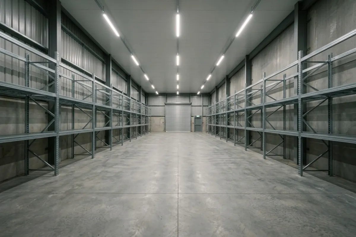 Lagerhalle mit neuen LED-Lichtbändern unter der Decke, gleichmäßig hell.