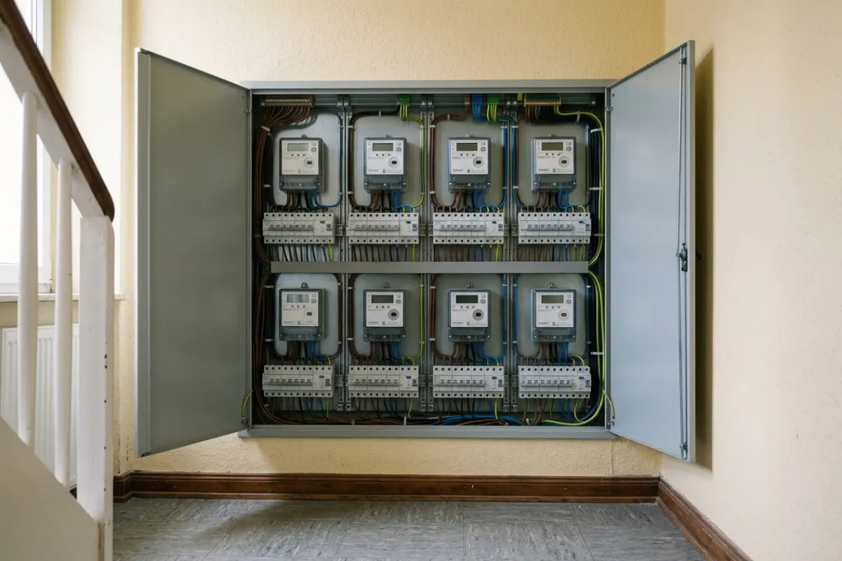 Zählerschrank in einem Mehrfamilienhaus mit acht neuen Zählerplätzen.