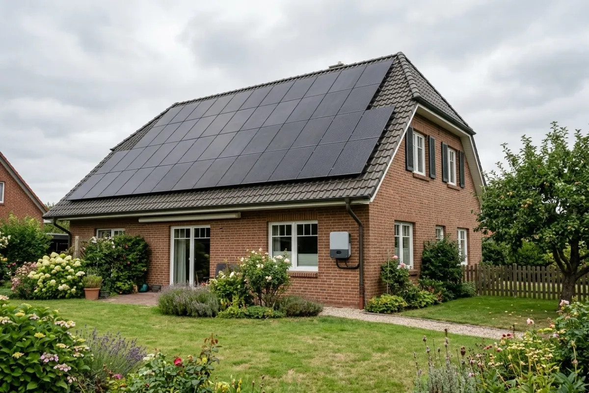 Photovoltaikanlage auf dem Satteldach eines Einfamilienhauses, daneben der Wechselrichter an der Hauswand.