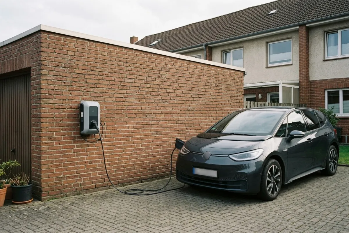 Wallbox an der Garagenwand eines Reihenhauses, davor ein angeschlossenes Elektroauto.