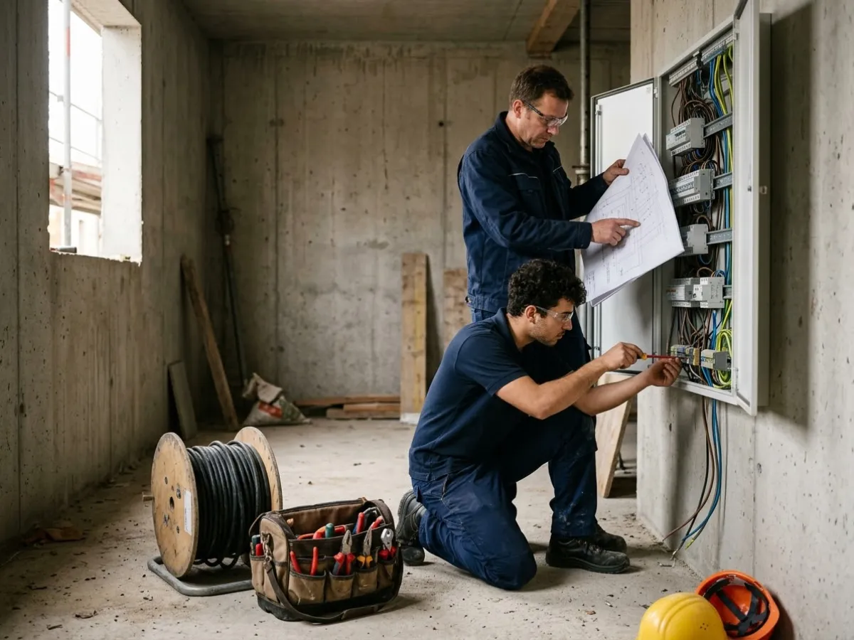 Zwei Elektriker verdrahten einen Verteilerschrank auf einer Baustelle, einer hält den Schaltplan.
