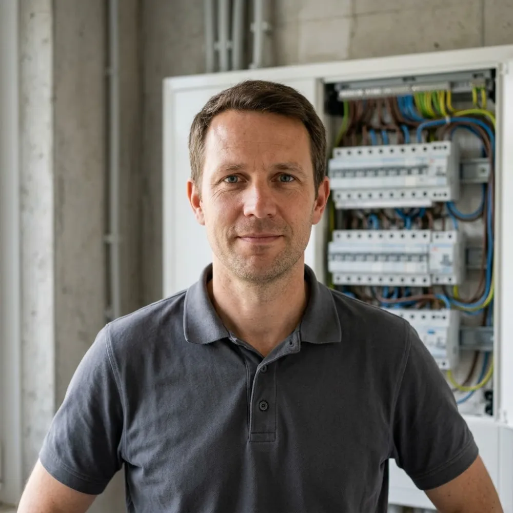 Torben Thielker in Arbeitskleidung vor einem geöffneten Zählerschrank, er schaut in die Kamera.