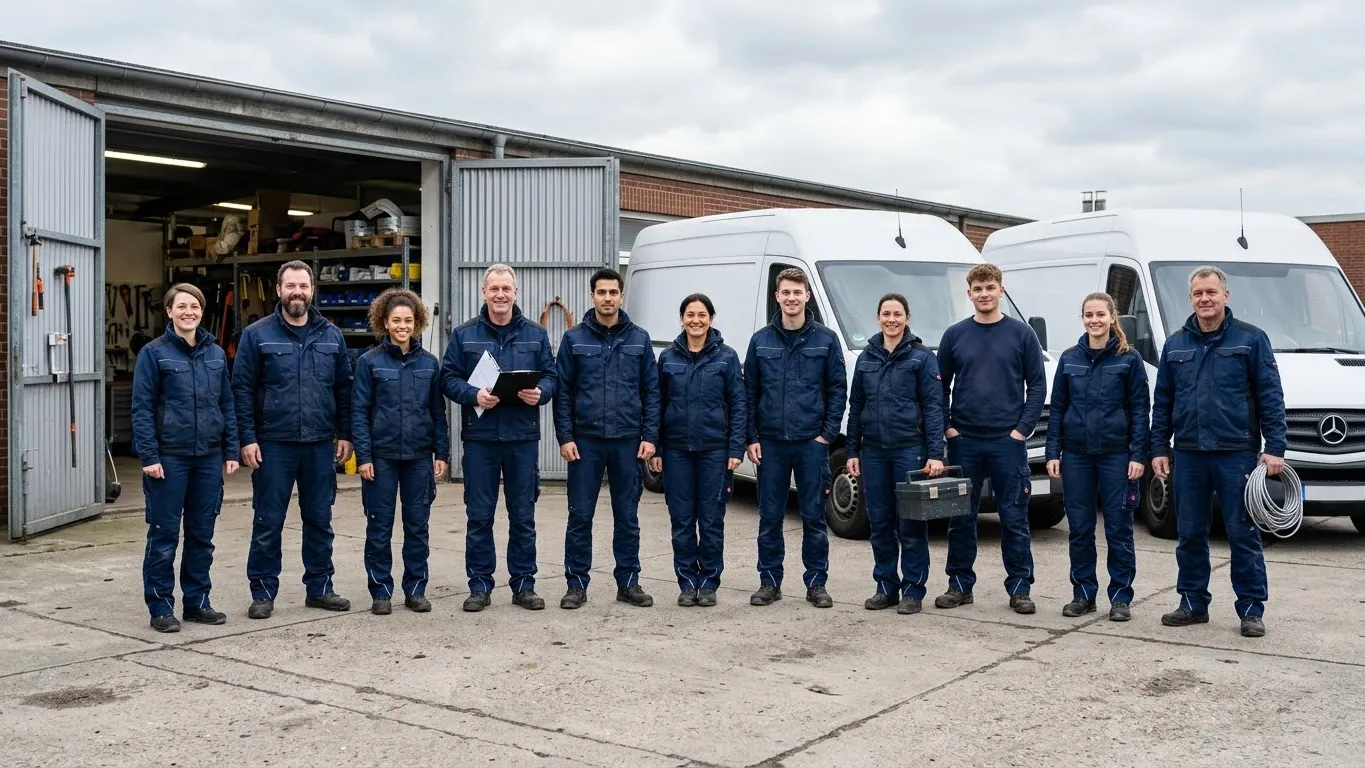Das Team von Elektro Thielker, elf Personen in blauer Arbeitskleidung, vor zwei Firmenwagen am Lager in Vegesack.