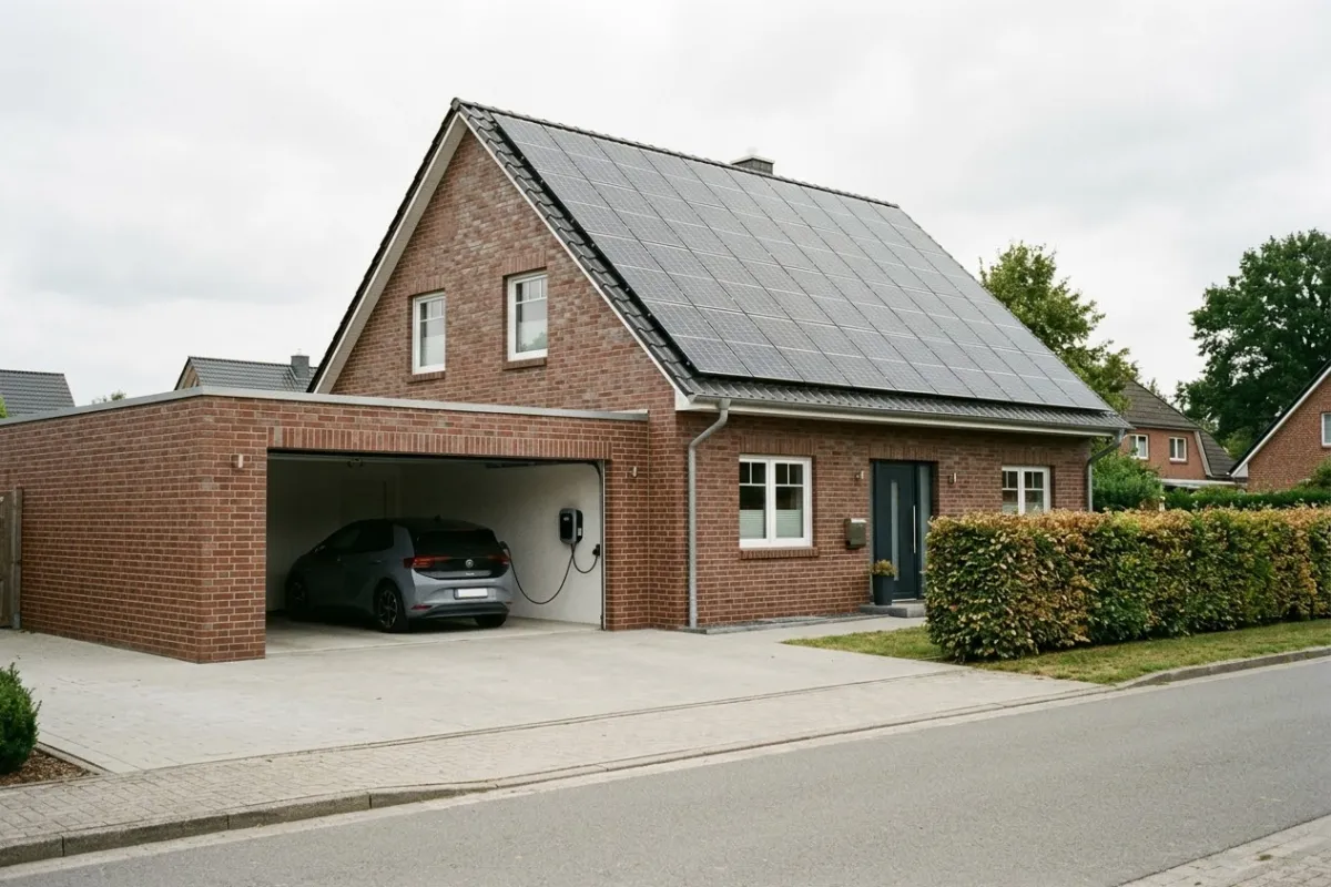 Einfamilienhaus mit Photovoltaikanlage auf dem Dach, daneben die offene Garage mit einem Elektroauto an der Wallbox.
