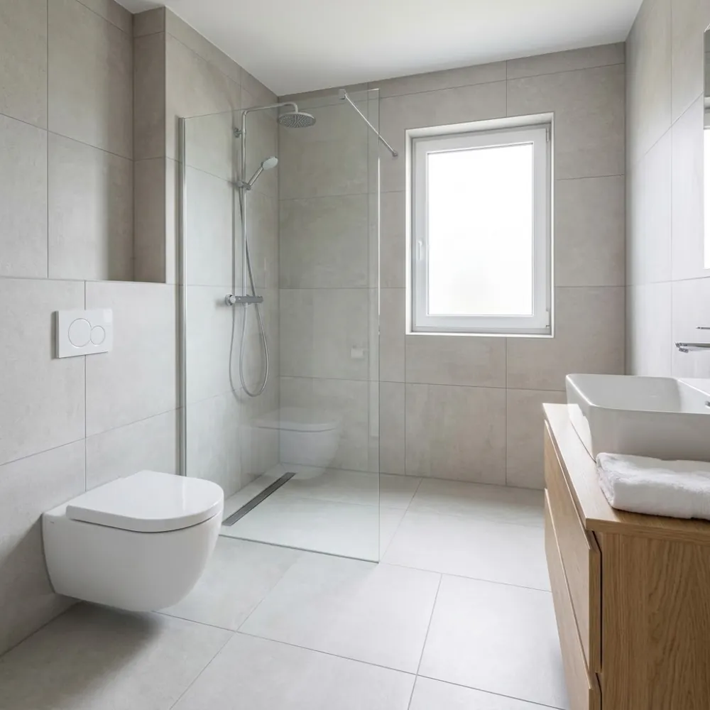 Bad mit hellgrauen Großformatfliesen an Wand und Boden, bodengleiche Dusche mit Glaswand.