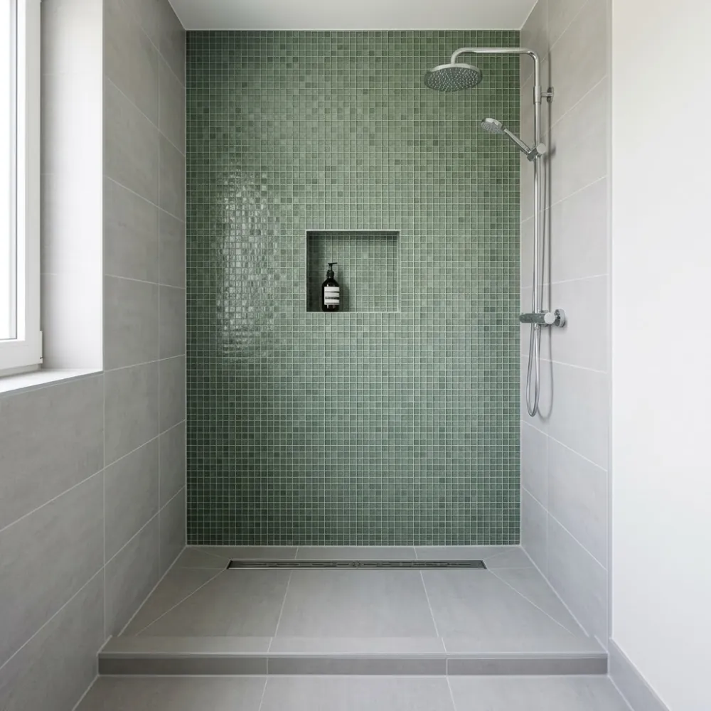 Dusche mit kleinteiligem grünem Glasmosaik an der Rückwand, Duschrinne im Boden.