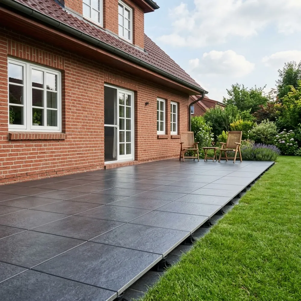 Terrasse mit anthrazitfarbenen Platten in 2&nbsp;cm Stärke auf Stelzlagern, dahinter Garten.