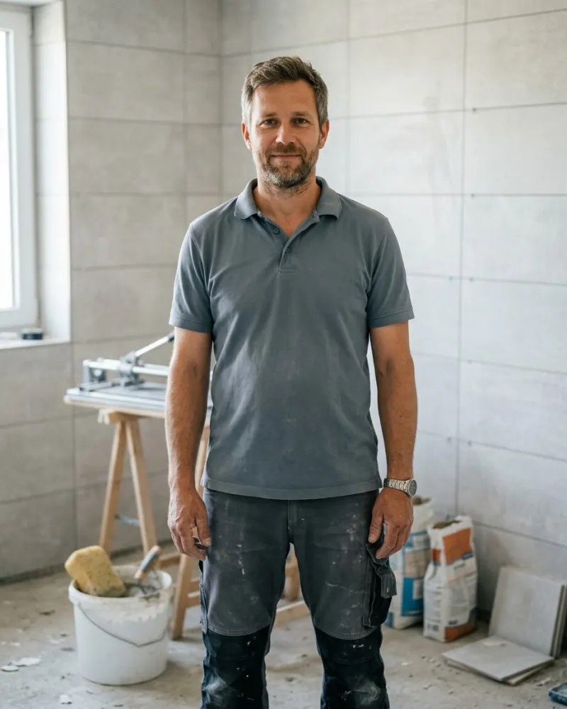Jan Wöhlke in Arbeitskleidung vor einer frisch gefliesten Wand, er schaut in die Kamera.