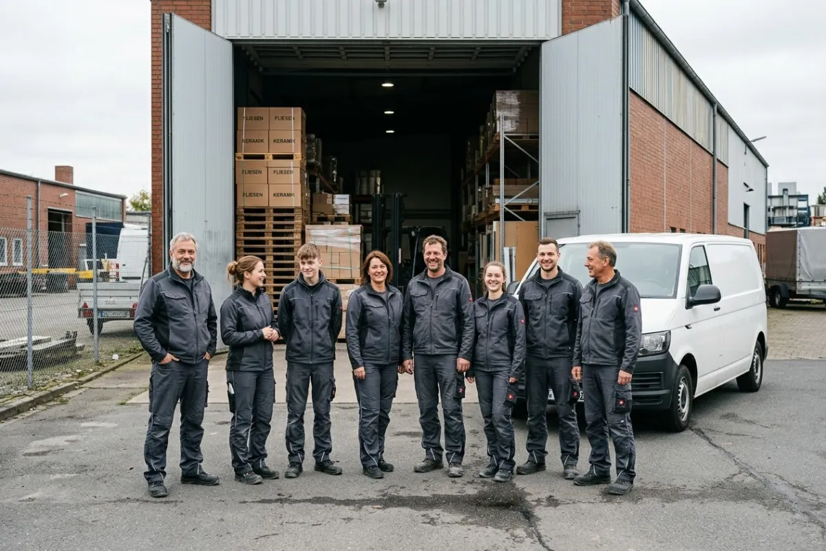 Das Team von Fliesen Wöhlke, acht Personen in dunkler Arbeitskleidung, vor dem Lager an der Stedinger Straße.