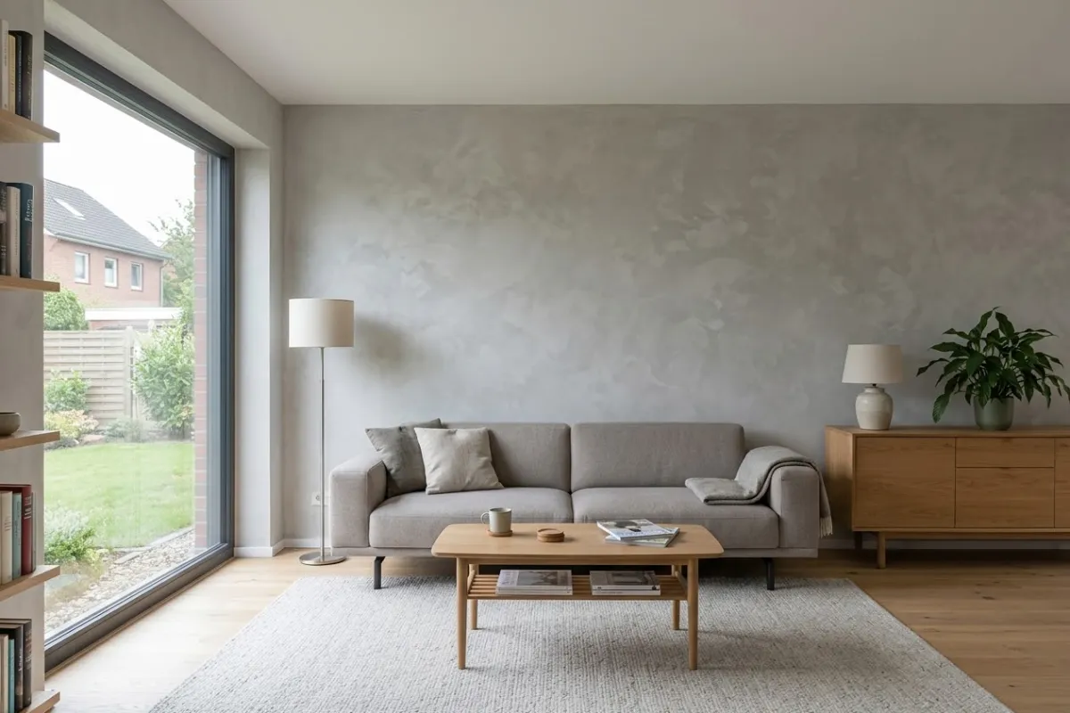Modernes Wohnzimmer, die Wand hinter dem grauen Sofa in hellgrauem Kalkputz.