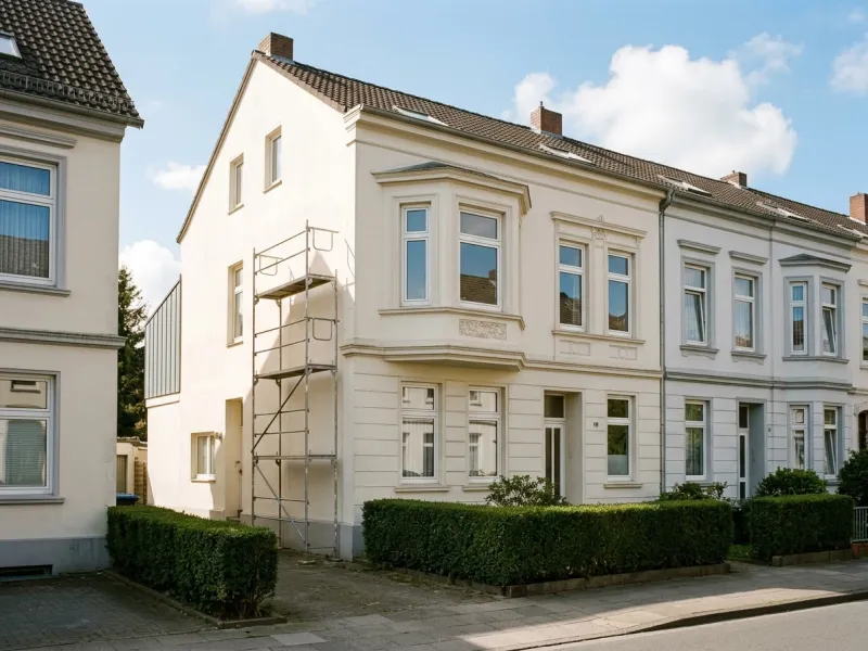 Frisch gestrichene Putzfassade eines Bremer Hauses mit Gerüst.