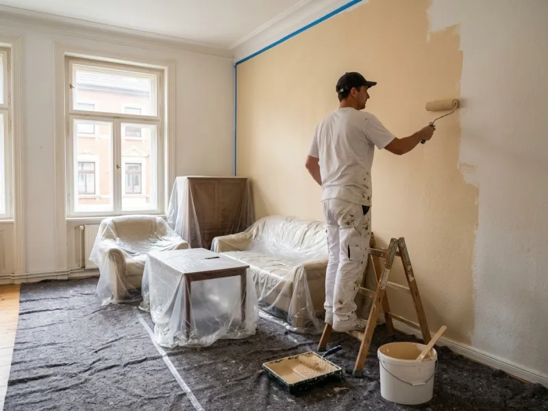 Maler rollt eine Wohnzimmerwand in hellem Sandton, Möbel und Boden sind abgedeckt.