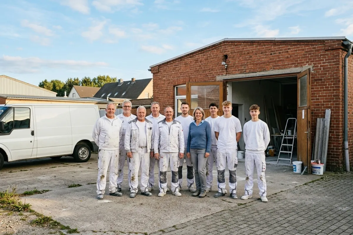 Das Team des Malerbetriebs Lührs, zehn Personen, die meisten in weißer Arbeitskleidung, vor der Werkstatt.